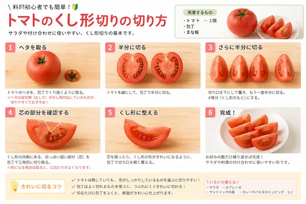 トマトのくし形切りの手順を初心者向けに解説した画像