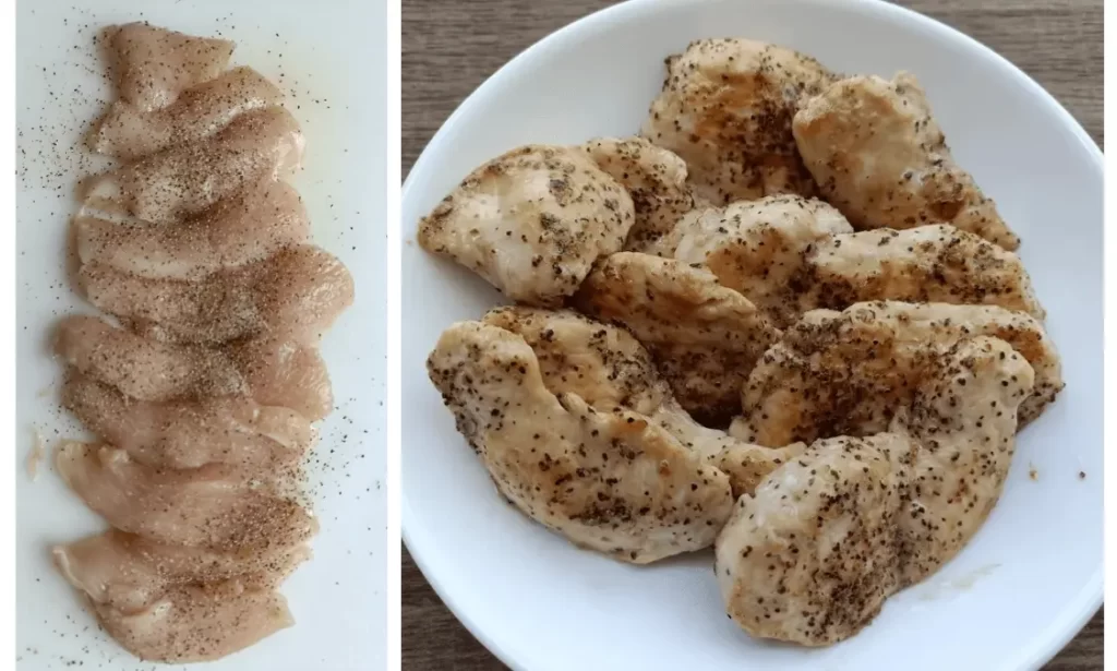 スーパーで買った鶏むね肉をそぎ切りにして下味をつけた様子（左）と、ふっくら焼き上がった完成図（右）